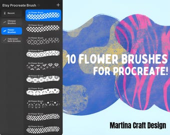 May include: A digital interface showing a list of 10 flower brushes for Procreate, with a menu on the left and a preview area on the right. The text reads 10 FLOWER BRUSHES FOR PROCREATE! and Martina Craft Design at the bottom right.
