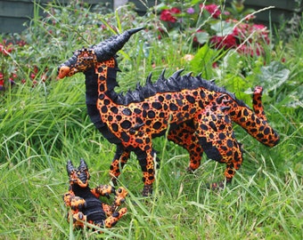 Pair of poseable art doll, volcanic dragons, textile sculpture, fantasy creature, fire, lava, volcano, orange, red, black