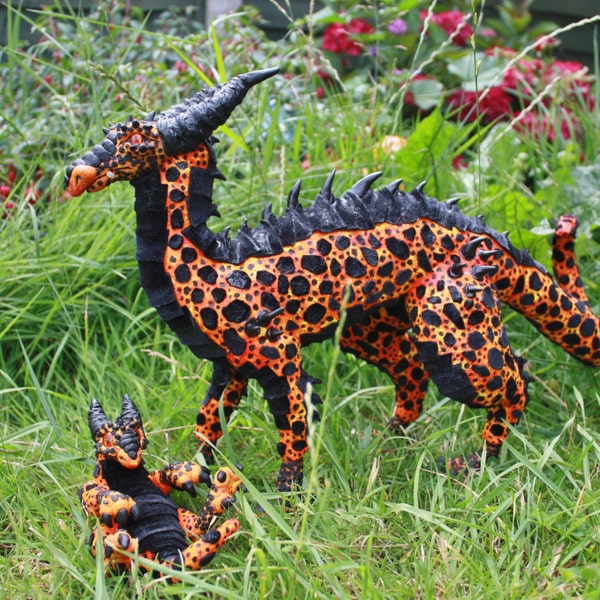 Pair of poseable art doll, volcanic dragons, textile sculpture, fantasy creature, fire, lava, volcano, orange, red, black