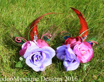 Mis-make! pair of floral hair comb, fascinators, pink, purple, mauve, red, feather, flower, festival, bridal, wedding, hippie, fairy, faerie