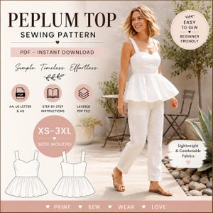 May include: A digital sewing pattern for a white peplum top with a sweetheart neckline and wide straps. The document includes PDF instructions, size range XS-3XL, and technical line drawings showing the front and back views of the garment.