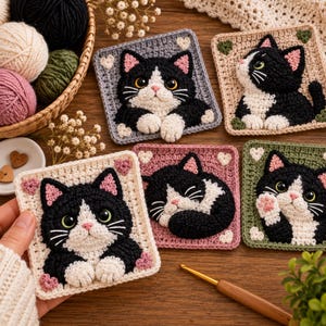 May include: Five square crochet patches featuring black and white cats with large eyes and pink accents. Each patch displays a different cat pose, including sitting, sleeping, and waving, decorated with small crocheted hearts in various colors.