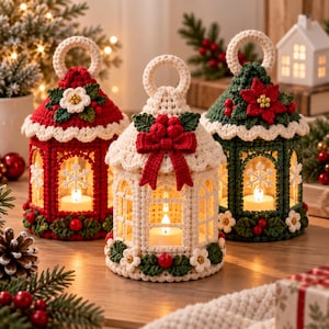 Puede incluir: Tres fundas de ganchillo para farolillos en rojo, crema y verde, cada una con un asa circular superior, aberturas de ventana arqueadas con copos de nieve blancos y adornos florales que incluyen flores de pascua, bayas y lazos.