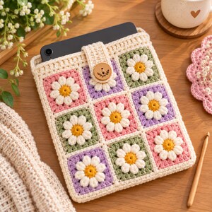 Puede incluir: Una funda de ganchillo para tableta con cuadrados de la abuela que presentan margaritas blancas sobre fondos rosa, morado y verde salvia. La funda tiene un borde color crema y un cierre central con un botón de madera grabado con una hoja.