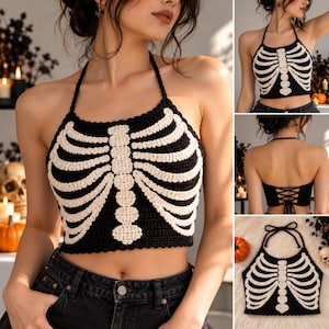 Könnte beinhalten: Ein schwarzes Häkel-Neckholder-Top mit einem weißen Rippenkäfig-Skelettmuster auf der Vorderseite. Das Kleidungsstück hat dünne Träger zum Binden im Nacken und einen Schnürverschluss am Rücken. Das Design zeigt eine Wirbelsäule und Rippen.