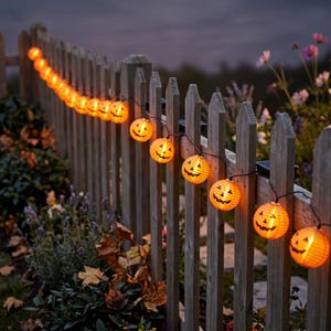 May include: A string of orange, spherical jack-o'-lantern lights featuring black printed facial expressions. Each light is illuminated from within, creating a warm glow. The string of lights is draped along the top of a wooden picket fence.