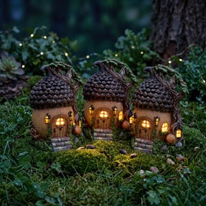 May include: Three decorative acorn-shaped houses with textured brown caps and light-colored bodies. Each house features a small arched door, glowing yellow windows, and miniature lanterns. The structures are nestled on a patch of green moss.