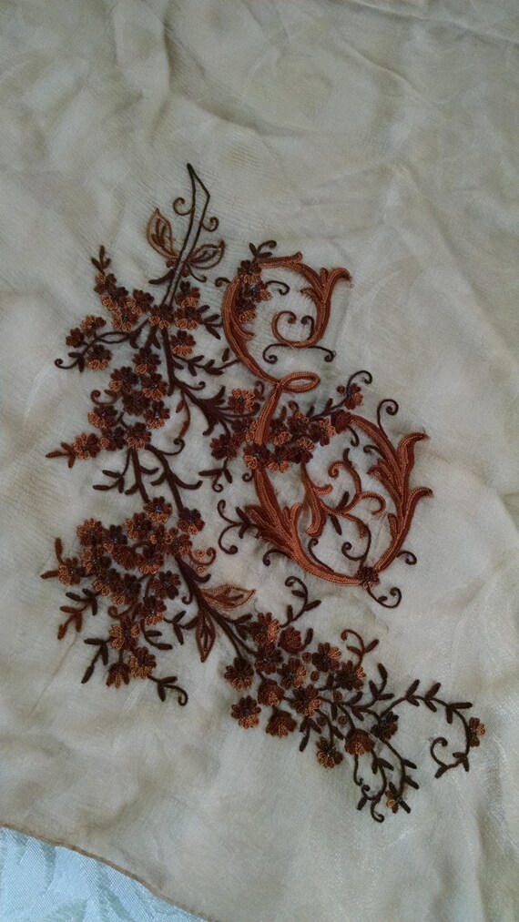 Embroidered  "E"  Monogrammmed Silk Scarf