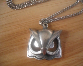 Vintage Pewter Owl Head Pendant Necklace