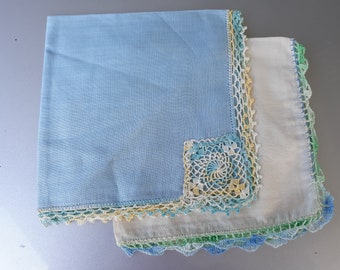 Two Vintage Linen / "Something Blue"/ Crocheted Edged Handkerchiefs