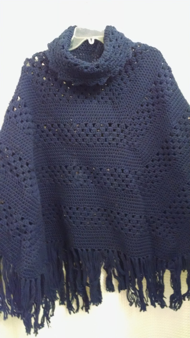 Hand-Crocheted Navy Blue Poncho/ Boho Wrap/ woman's gift image 5