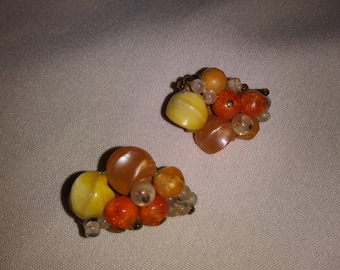 50's Fall Cluster Earrings,  Vintage Clip-on Earrings