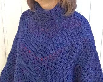 Hand-Crocheted Navy Blue Poncho/ Boho  Wrap/ woman's gift