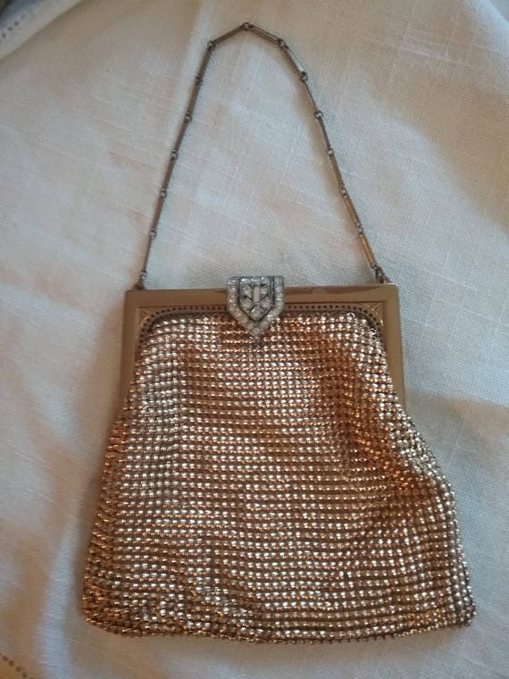 Whiting and Davis  Golden Mesh Evening Bag with R… - image 1