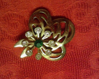 Goldtone Pin with Rhinestones, Vintage Costume Jewelry Brooch    ECS