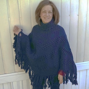 Hand-Crocheted Navy Blue Poncho/ Boho Wrap/ woman's gift image 2