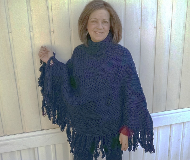 Hand-Crocheted Navy Blue Poncho/ Boho Wrap/ woman's gift image 2