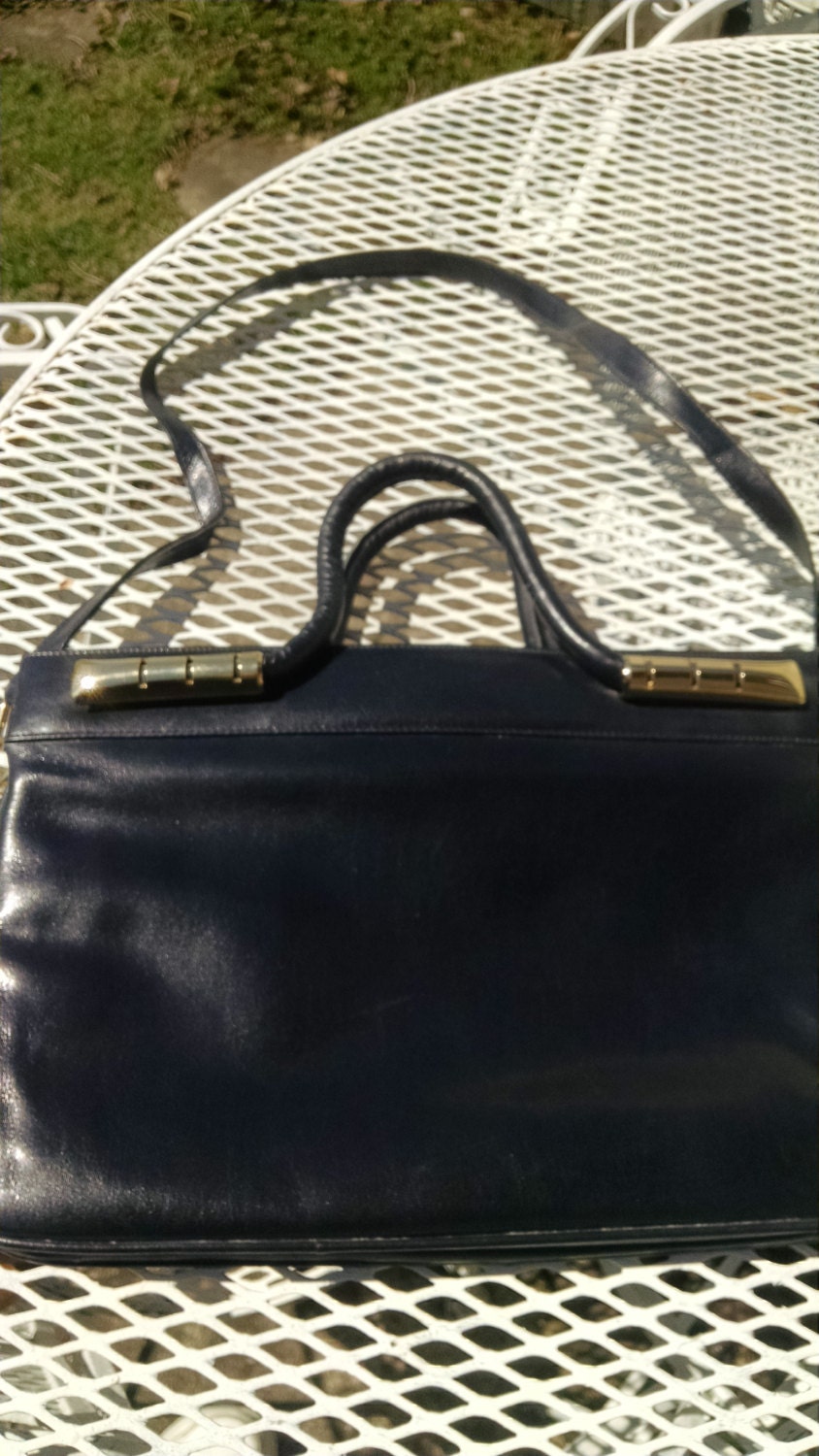 Navy Leather Top Handled Handbag