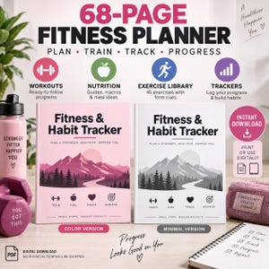 May include: A 68-page fitness planner featuring two versions of a Fitness & Habit Tracker book, one in pink and one in white, both displaying a mountain landscape graphic. The text includes Plan, Train, Track, Progress, and Instant Download.