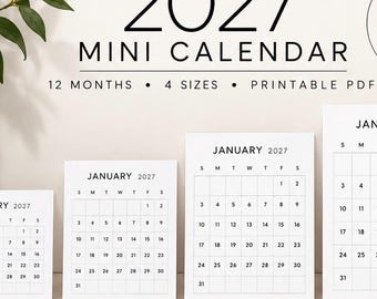 2027 Mini Calendar Printable | Small Calendar 3x3 A6 4x6 5x7 | Mini Monthly Calendar | Desk Calendar | Pocket Calendar | PDF