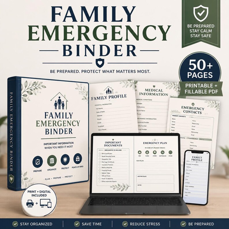 Puede incluir: Un kit de carpeta de emergencia familiar que incluye una carpeta f&iacute;sica, p&aacute;ginas imprimibles con perfil familiar, informaci&oacute;n m&eacute;dica y contactos de emergencia, adem&aacute;s de una computadora port&aacute;til y un tel&eacute;fono con planes.