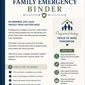 Puede incluir: Una p&aacute;gina de una carpeta de emergencia familiar titulada Welcome to Your Family Emergency Binder. Incluye secciones sobre c&oacute;mo usar la carpeta, consejos r&aacute;pidos de preparaci&oacute;n y texto que enfatiza la importancia de estar preparado.