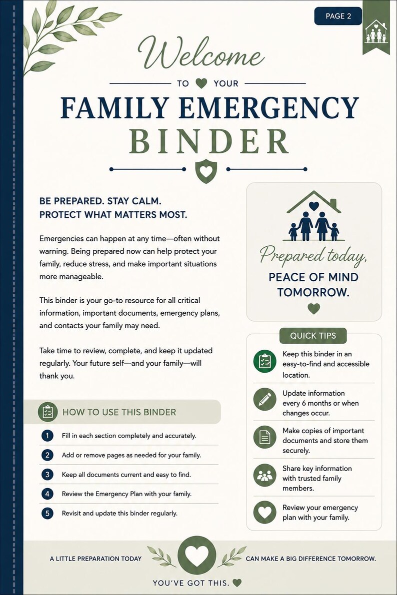 Puede incluir: Una p&aacute;gina de una carpeta de emergencia familiar titulada Welcome to Your Family Emergency Binder. Incluye secciones sobre c&oacute;mo usar la carpeta, consejos r&aacute;pidos de preparaci&oacute;n y texto que enfatiza la importancia de estar preparado.