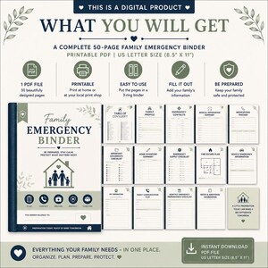 Puede incluir: Un archivador de emergencia familiar digital de 50 p&aacute;ginas en formato PDF imprimible, tama&ntilde;o carta de EE. UU. 21,59 cm por 27,94 cm. El conjunto incluye varias plantillas para perfiles familiares, contactos de emergencia y listas de control.