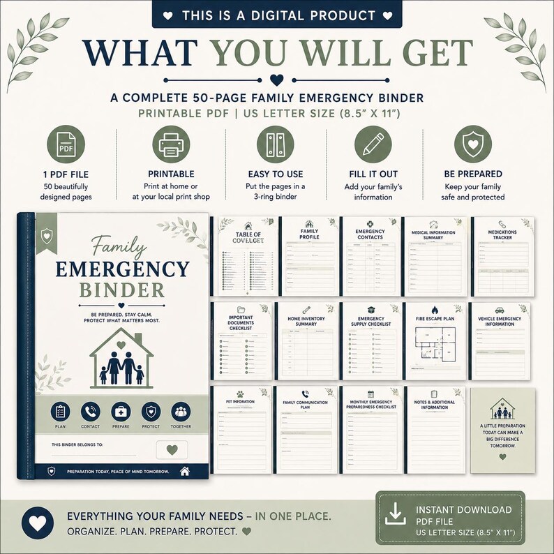Puede incluir: Un archivador de emergencia familiar digital de 50 p&aacute;ginas en formato PDF imprimible, tama&ntilde;o carta de EE. UU. 21,59 cm por 27,94 cm. El conjunto incluye varias plantillas para perfiles familiares, contactos de emergencia y listas de control.