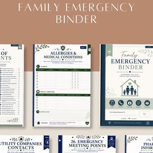 Puede incluir: Un conjunto de carpetas de emergencia familiar con p&aacute;ginas impresas que incluyen secciones para alergias, condiciones m&eacute;dicas, contactos de servicios p&uacute;blicos y puntos de encuentro de emergencia con texto e iconos.