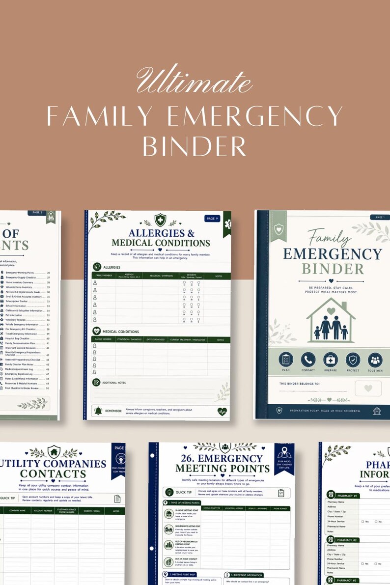 Puede incluir: Un conjunto de carpetas de emergencia familiar con p&aacute;ginas impresas que incluyen secciones para alergias, condiciones m&eacute;dicas, contactos de servicios p&uacute;blicos y puntos de encuentro de emergencia con texto e iconos.