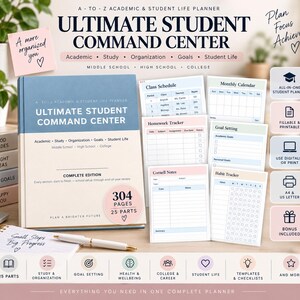 Puede incluir: Una agenda académica azul y crema titulada Ultimate Student Command Center con 304 páginas y 25 partes. Incluye hojas impresas para horarios de clase, seguimiento de tareas, notas Cornell, calendarios mensuales, metas y seguimiento de hábitos.