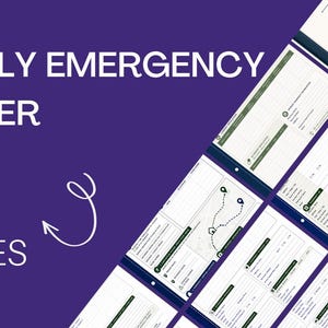 Puede incluir: Un conjunto de plantillas digitales para una carpeta de emergencia familiar que consta de 50 p&aacute;ginas. El fondo morado presenta el texto blanco FAMILY EMERGENCY BINDER y 50 PAGES con una flecha dibujada a mano. Varias p&aacute;ginas blancas con acentos verdes.