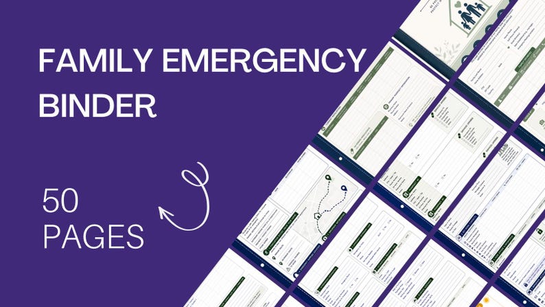 Puede incluir: Un conjunto de plantillas digitales para una carpeta de emergencia familiar que consta de 50 p&aacute;ginas. El fondo morado presenta el texto blanco FAMILY EMERGENCY BINDER y 50 PAGES con una flecha dibujada a mano. Varias p&aacute;ginas blancas con acentos verdes.