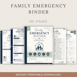 Puede incluir: Un archivador de emergencia familiar de m&aacute;s de 50 p&aacute;ginas, con una portada que muestra un icono de casa, una silueta familiar y el texto 'Family Emergency Binder', 'Plan', 'Contact', 'Prepare', 'Protect' y 'Together' en azul marino y verde salvia.