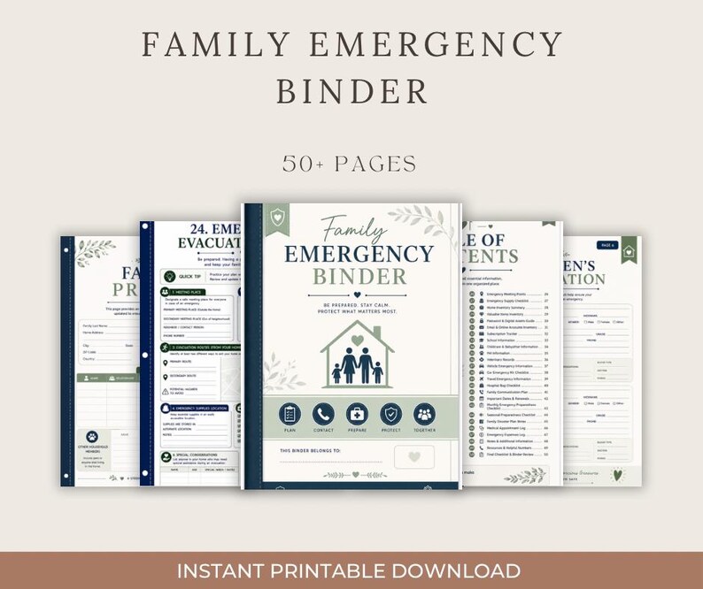 Puede incluir: Un archivador de emergencia familiar de m&aacute;s de 50 p&aacute;ginas, con una portada que muestra un icono de casa, una silueta familiar y el texto 'Family Emergency Binder', 'Plan', 'Contact', 'Prepare', 'Protect' y 'Together' en azul marino y verde salvia.