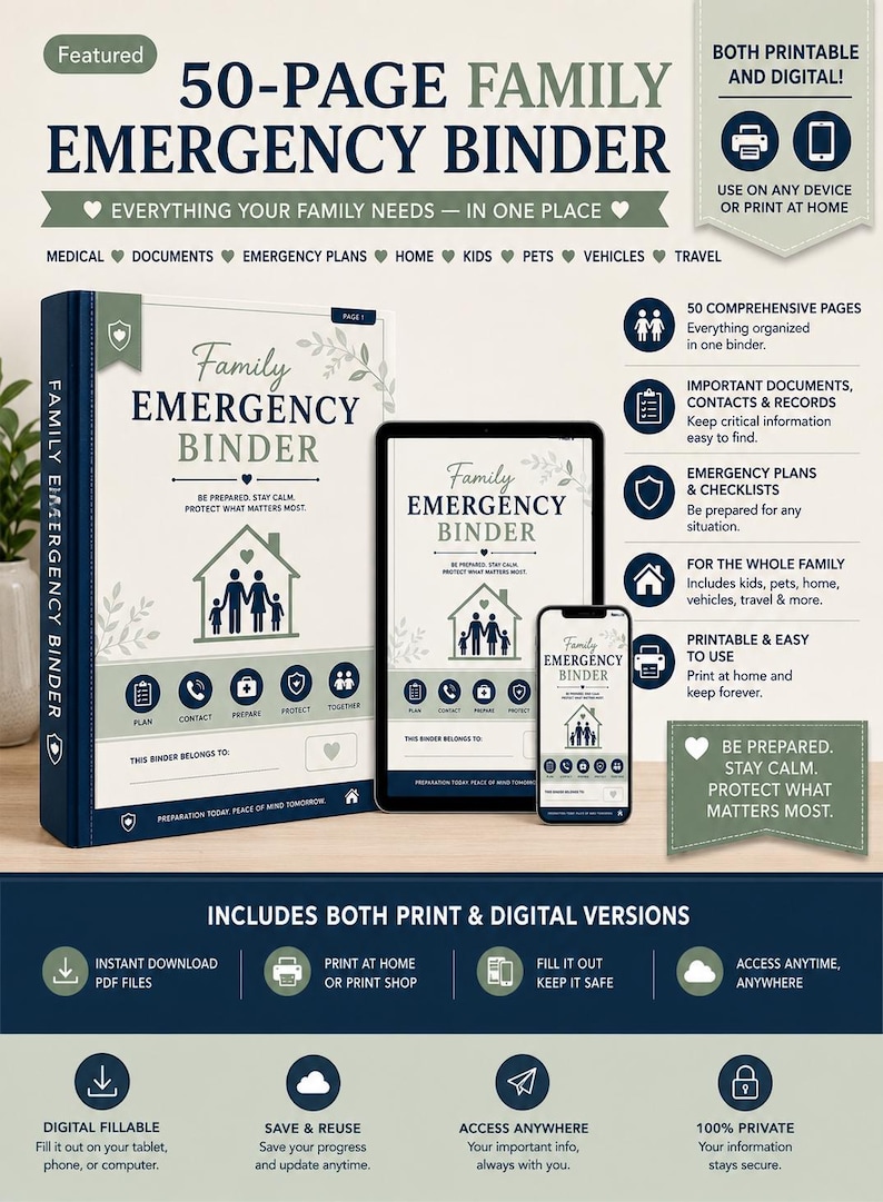 Puede incluir: Una carpeta de emergencia familiar de 50 p&aacute;ginas mostrada como libro f&iacute;sico, tableta y tel&eacute;fono inteligente. La portada presenta el texto Family Emergency Binder, un icono de casa con una familia y secciones para documentos m&eacute;dicos, planes y veh&iacute;culos.