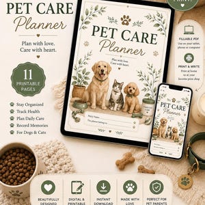 Pet Care Planner Printable-Fillable | Dog Cat Health Tracker PDF | Vet Vaccination Feeding Log | Puppy Kitten Organizer | Instant Download