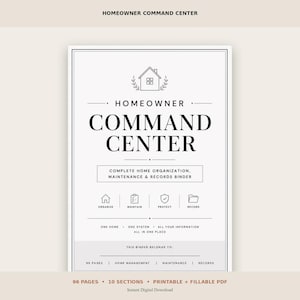 May include: A white document cover titled HOMEOWNER COMMAND CENTER with a house icon, featuring sections for organisation, maintenance, protection, and records. It includes the text ONE HOME, ONE SYSTEM, ALL YOUR INFORMATION ALL IN ONE PLACE.