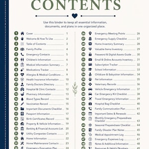 Puede incluir: Una p&aacute;gina blanca titulada TABLE OF CONTENTS con un borde azul oscuro e ilustraciones de hojas. Enumera 50 secciones numeradas para organizar informaci&oacute;n familiar, planes de emergencia, registros m&eacute;dicos y documentos financieros en una carpeta.