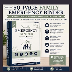 Puede incluir: Una carpeta de emergencia familiar de 50 p&aacute;ginas con una cubierta blanca y texto azul oscuro que dice 50-PAGE FAMILY EMERGENCY BINDER, EVERYTHING YOUR FAMILY NEEDS IN ONE PLACE y BE PREPARED. STAY CALM. PROTECT WHAT MATTERS MOST. Incluye iconos.