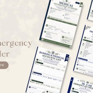 Puede incluir: Una colecci&oacute;n de plantillas de documentos impresos para una carpeta de emergencia familiar, con formularios titulados Medical Information Summary, Property & Vehicle Information, Banking & Financial Accounts List y Car Emergency Kit Checklist.