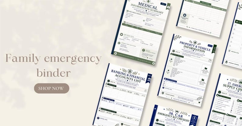 Puede incluir: Una colecci&oacute;n de plantillas de documentos impresos para una carpeta de emergencia familiar, con formularios titulados Medical Information Summary, Property & Vehicle Information, Banking & Financial Accounts List y Car Emergency Kit Checklist.
