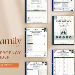 Puede incluir: Una colecci&oacute;n de p&aacute;ginas imprimibles para una carpeta de emergencia familiar, con detalles en azul oscuro y verde. Las hojas incluyen secciones para informaci&oacute;n de seguro m&eacute;dico, directorio de m&eacute;dicos de familia y contactos de hospitales, 50 p&aacute;ginas.