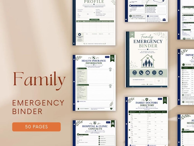 Puede incluir: Una colecci&oacute;n de p&aacute;ginas imprimibles para una carpeta de emergencia familiar, con detalles en azul oscuro y verde. Las hojas incluyen secciones para informaci&oacute;n de seguro m&eacute;dico, directorio de m&eacute;dicos de familia y contactos de hospitales, 50 p&aacute;ginas.