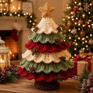 May include: A crocheted Christmas tree decoration featuring alternating layers of cream, sage green, and deep red yarn. The tree is topped with a textured yellow star and adorned with small green holly leaf accents and clusters of red berries.