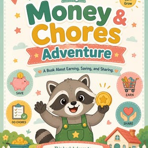 May include: A book cover titled My Money & Chores Adventure: A Book About Earning, Saving, and Sharing. It features a cartoon raccoon in green overalls holding a gold coin, surrounded by icons for saving, earning, chores, and sharing.