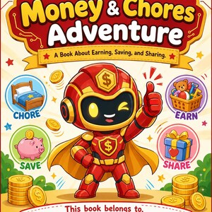 May include: A book cover titled My Money & Chores Adventure: A Book About Earning, Saving, and Sharing. It features a red and gold robot character giving a thumbs up, surrounded by icons for chores, earning, saving, and sharing, with a blank space.