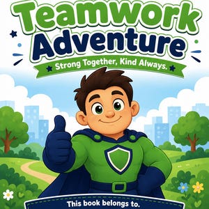May include: A book cover titled My Teamwork Adventure, Strong Together, Kind Always. It features a cartoon superhero in a green and blue costume giving a thumbs up. Below is a banner with the text This book belongs to and a blank space.
