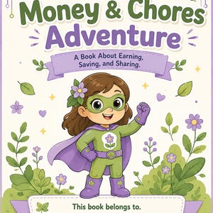 Może przedstawiać: Okładka książki z tytułem My Money & Chores Adventure: A Book About Earning, Saving, and Sharing. Ilustracja przedstawia dziecko w zielonym kostiumie superbohatera z fioletową peleryną, maską i butami, otoczone zielonymi roślinami i fioletowymi kwiatami.